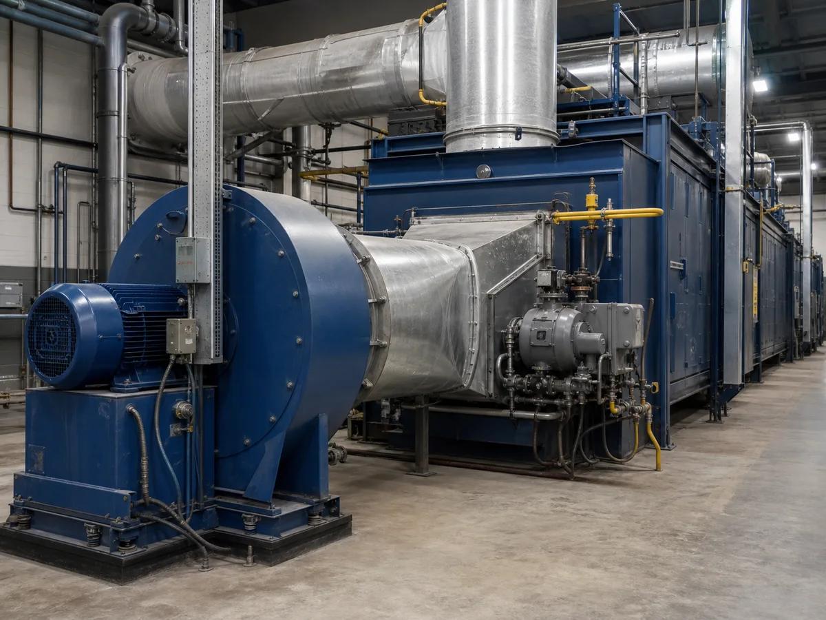 Industrial combustion blower connected to a furnace and flue path