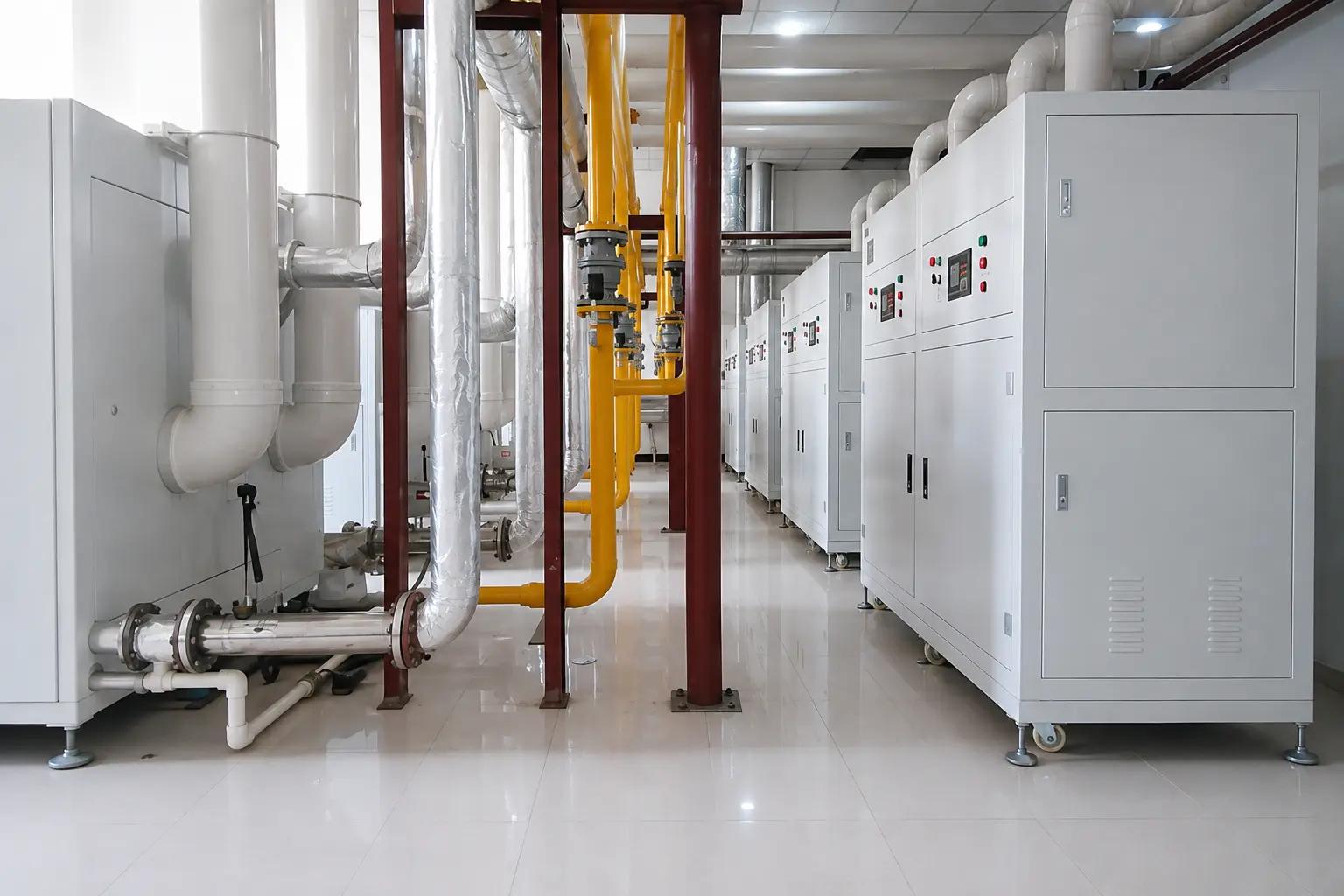 Commercial boiler room with multiple heating units and gas pipework