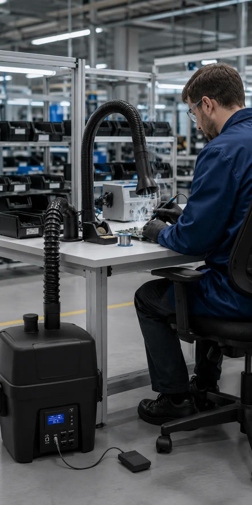 Electronics soldering workstation equipped with localized fume extraction arms