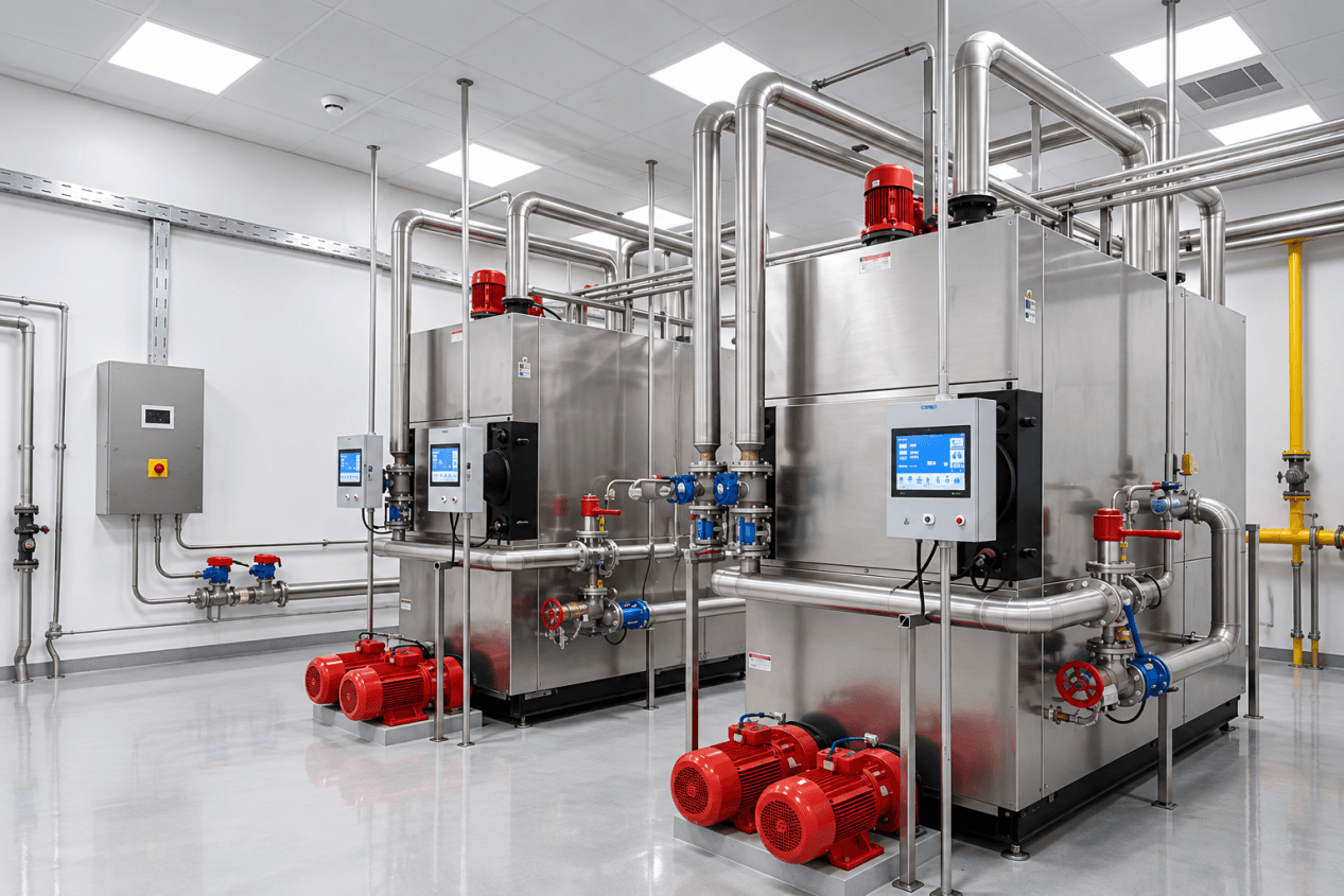 Industrial heating equipment with stainless-steel process pipework