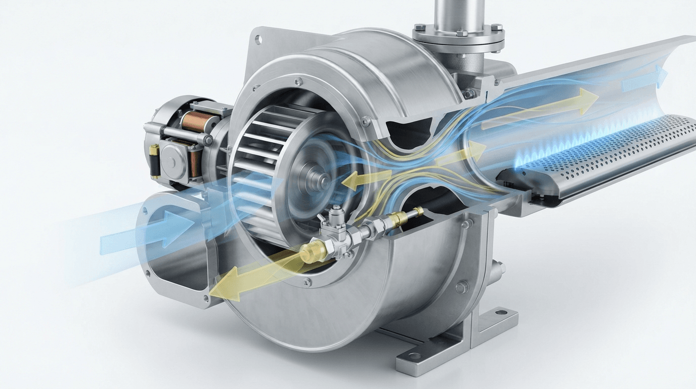E-POWER combustion blower with blue and orange airflow paths