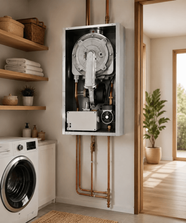 Combustion blower, gas valve and heat exchanger inside a wall-hung boiler