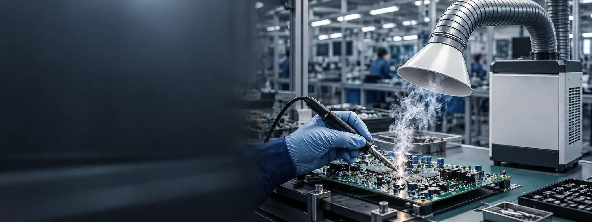 Electronics soldering workstation with fume extraction arms
