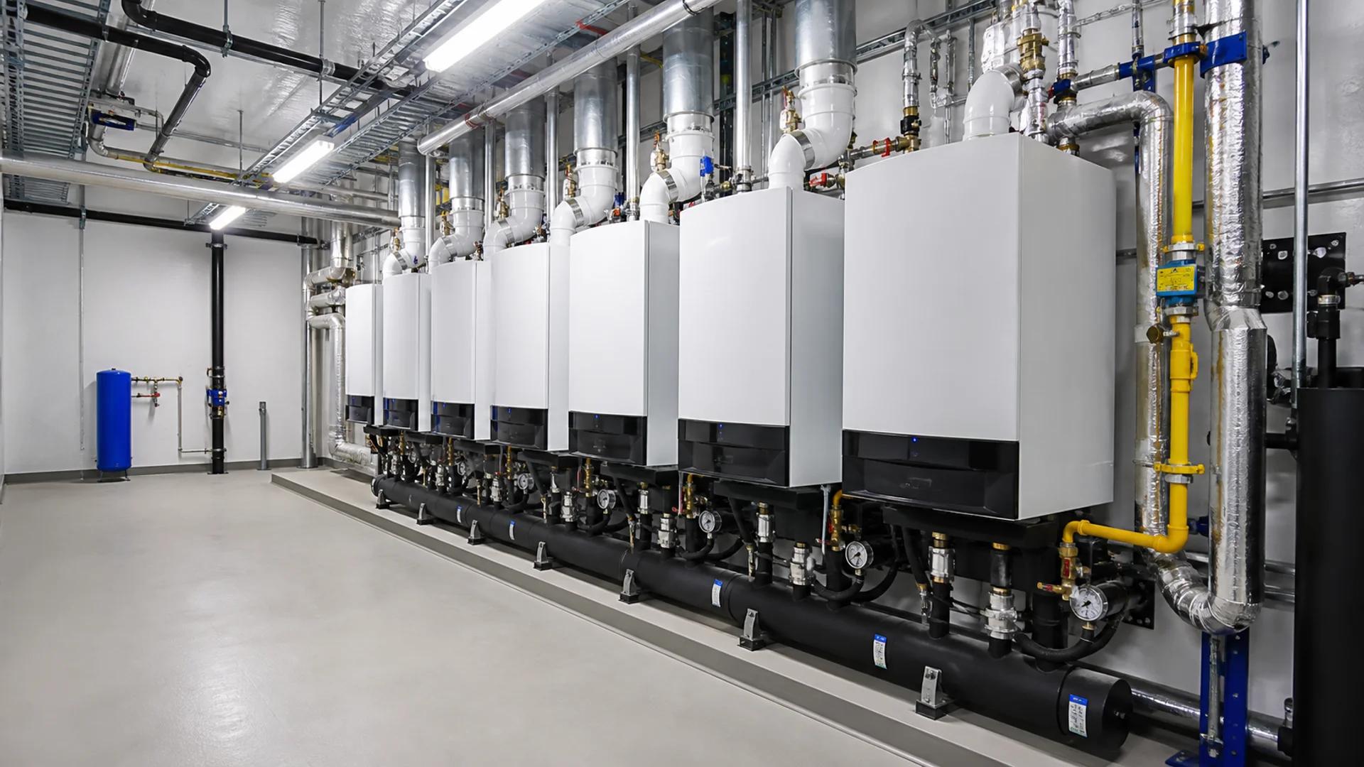 Modular condensing boilers in a commercial plant room