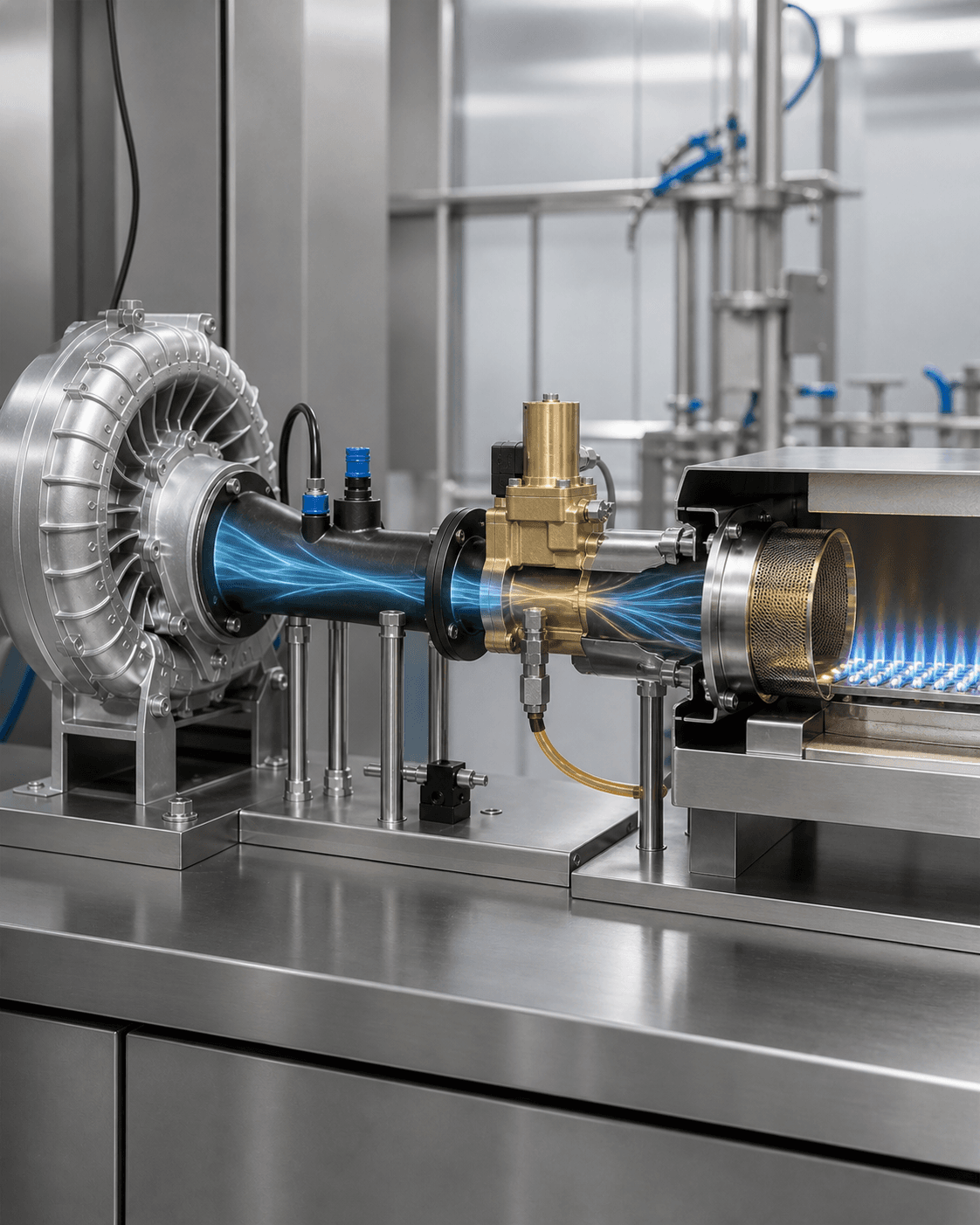 Combustion blower, gas valve and premixer arrangement for food machinery