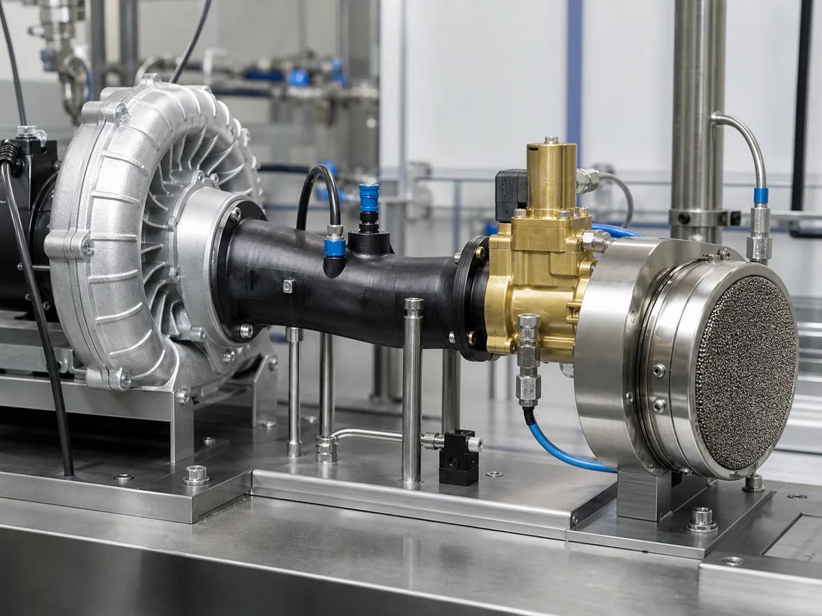 Combustion blower, gas valve, premixer and metal-fiber burner test assembly