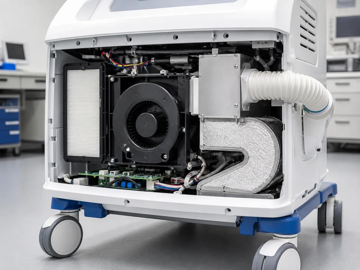 Blower, filter and heated-air channel inside a patient warming unit