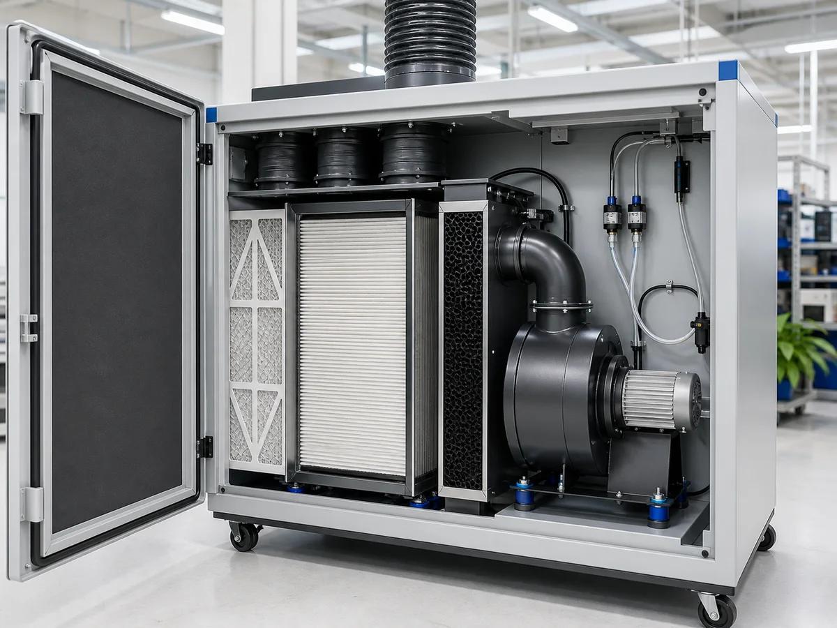 Filter stages and downstream blower inside a solder fume extractor